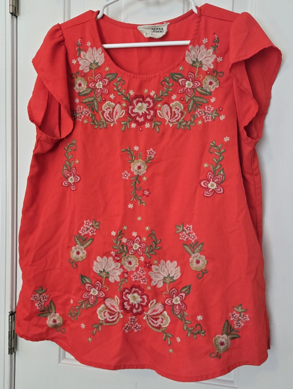 Savanna Jane Red Flutter Sleeve Embroidered Floral Blouse Split Hem Size L